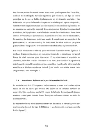 35
Los factores perinatales son de menor importancia que los prenatales. Entre ellos,
destacan la encefalopatía hipóxico-isquémica, que condiciona un tipo de lesión
específica de la que se habla detalladamente en el siguiente apartado, y las
infecciones periparto de la madre. Respecto a la encefalopatía hipóxica-isquémica,
sobre la lesión original se añaden factores modificadores como son la presencia de
un síndrome de aspiración meconial, de un síndrome de dificultad respiratoria al
nacimiento, de hipoglucemia o de infecciones neonatales o la existencia de un daño
crónico previo reflejado por anomalías placentarias o un bajo peso al nacimiento29.
En cuanto a las infecciones maternas, aparte de condicionar un aumento de la
prematuridad, la corioamnionitis y las infecciones de orina maternas periparto
parecen añadir riesgo de PCI de forma independientemente a la prematuridad36.
Las causas postnatales de PCI son poco frecuentes en nuestro medio y gracias a
medidas de prevención, siguen en reducción. Su estudio es complicado porque el
límite de edad postnatal para diferenciar PCI de daño cerebral adquirido es
arbitrario y variable. Se suele considerar 2 o 5 años1. Las causas de PCI postnatal
más frecuentes son el traumatismo cráneo-encefálico (accidental o intencional), la
encefalopatía hipóxico-isquémica infantil (con mucha frecuencia, como casi-
ahogamientos) o las meningitis 23.
2.3. Mecanismos de lesión en la parálisis cerebral infantil.
La particularidad de la PCI respecto a las lesiones que ocurren en el cerebro adulto
reside en que la lesión que produce PCI ocurre en un sistema nervioso en
desarrollo. Esto condiciona que la PCI emerja de la lesión destructiva del sistema
nervioso central, pero también de una disrupción en los mecanismos normales de
neurodesarrollo.
El mecanismo lesivo inicial sobre el cerebro en desarrollo es variable, puede ser
multicausal y depende del tipo de PCI (tabla 1) y del momento en el que ocurre la
lesión (figura 2).
 