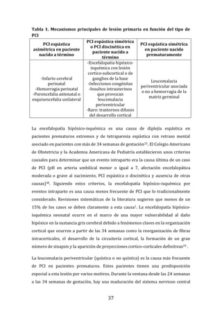 37
Tabla 1. Mecanismos principales de lesión primaria en función del tipo de
PCI
PCI espástica
asimétrica en paciente
nacido a término
PCI espástica simétrica
o PCI discinética en
paciente nacido a
término
PCI espástica simétrica
en paciente nacido
prematuramente
-Infarto cerebral
perinatal
-Hemorragia perinatal
-Porencefalia antenatal o
esquisencefalia unilateral
-Encefalopatía hipóxico-
isquémica con lesión
cortico-subcortical o de
ganglios de la base
-Infecciones congénitas
-Insultos intrauterinos
que provocan
leucomalacia
periventricular
-Raro: trastornos difusos
del desarrollo cortical
Leucomalacia
periventricular asociada
o no a hemorragia de la
matriz germinal
La encefalopatía hipóxico-isquémica es una causa de diplejía espástica en
pacientes prematuros extremos y de tetraparesia espástica con retraso mental
asociado en pacientes con más de 34 semanas de gestación25. El Colegio Americano
de Obstetricia y la Academia Americana de Pediatría establecieron unos criterios
causales para determinar que un evento intraparto era la causa última de un caso
de PCI (pH en arteria umbilical menor o igual a 7, afectación encefalopática
moderada o grave al nacimiento, PCI espástica o discinética y ausencia de otras
causas)38. Siguiendo estos criterios, la encefalopatía hipóxico-isquémica por
eventos intraparto es una causa menos frecuente de PCI que lo tradicionalmente
considerado. Revisiones sistemáticas de la literatura sugieren que menos de un
15% de los casos se deben claramente a esta causa1. La encefalopatía hipóxico-
isquémica neonatal ocurre en el marco de una mayor vulnerabilidad al daño
hipóxico en la sustancia gris cerebral debido a fenómenos claves en la organización
cortical que ocurren a partir de las 34 semanas como la reorganización de fibras
intracorticales, el desarrollo de la circuitería cortical, la formación de un gran
número de sinapsis y la aparición de proyecciones cortico-corticales definitivas39 .
La leucomalacia periventricular (quística o no quística) es la causa más frecuente
de PCI en pacientes prematuros. Estos pacientes tienen una predisposición
especial a esta lesión por varios motivos. Durante la ventana desde las 24 semanas
a las 34 semanas de gestación, hay una maduración del sistema nervioso central
 