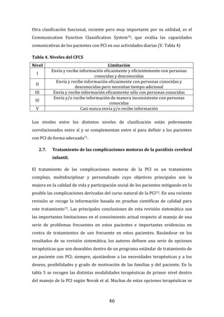 46
Otra clasificación funcional, reciente pero muy importante por su utilidad, es el
Communication Function Classification System70, que evalúa las capacidades
comunicativas de los pacientes con PCI en sus actividades diarias (V. Tabla 4)
Tabla 4. Niveles del CFCS
Nivel Limitación
I
Envía y recibe información eficazmente y eficientemente con personas
conocidas y desconocidas
II
Envía y recibe información eficazmente con personas conocidas y
desconocidas pero necesitan tiempo adicional
III Envía y recibe información eficazmente sólo con personas conocidas
IV
Envía y/o recibe información de manera inconsistente con personas
conocidas
V Casi nunca envía y/o recibe información
Los niveles entre los distintos niveles de clasificación están pobremente
correlacionados entre sí y se complementan entre sí para definir a los pacientes
con PCI de forma adecuada71.
2.7. Tratamiento de las complicaciones motoras de la parálisis cerebral
infantil.
El tratamiento de las complicaciones motoras de la PCI es un tratamiento
complejo, multidisciplinar y personalizado cuyo objetivos principales son la
mejora en la calidad de vida y participación social de los pacientes mitigando en lo
posible las complicaciones derivadas del curso natural de la PCI23. En una reciente
revisión se recoge la información basada en pruebas científicas de calidad para
este tratamiento72. Las principales conclusiones de esta revisión sistemática son
las importantes limitaciones en el conocimiento actual respecto al manejo de una
serie de problemas frecuentes en estos pacientes e importantes evidencias en
contra de tratamientos de uso frecuente en estos pacientes. Basándose en los
resultados de su revisión sistemática, los autores definen una serie de opciones
terapéuticas que son deseables dentro de un programa estándar de tratamiento de
un paciente con PCI; siempre, ajustándose a las necesidades terapéuticas y a los
deseos, posibilidades y grado de motivación de las familias y del paciente. En la
tabla 5 se recogen las distintas modalidades terapéuticas de primer nivel dentro
del manejo de la PCI según Novak et al. Muchas de estas opciones terapéuticas se
 