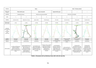 51
PERIODO Apoyo Vuelo = Periodo oscilante
Subperiodos
de apoyo
Primer doble apoyo Apoyo monopodal Segundo doble apoyo --- --- ---
FUNCIÓN Aceptación del peso Soporte en una sola extremidad Avance de la extremidad
FASE 1 2 3 4 5 6 7 8
NOMBRE Contacto inicial Respuesta a la carga Apoyo medio Final del apoyo Pre-vuelo Inicio del vuelo Vuelo medio Final del vuelo
PORCENTAJE
EN EL CICLO
0-2% 0-10% 10-30% 30-50% 50-60% 60-73% 73-87% 87-100%
ESQUEMA
Fases referidas
a la
extremidad
azul
(izquierda)
CADERA Flexionada Flexionada Extendida Extendida Flexionada Aumento de flexión Aumento de flexión Flexionada
RODILLA Extendida Flexionada Extendida Extendida Flexionada Flexionada Extendida Extendida
TOBILLO Dorsiflexión Flexión plantar Dorsiflexión Flexión plantar
Aumento de la flexión
plantar
Aumento de la flexión
plantar
Dorsiflexión Dorsiflexión
EXPLICACIÓN
La cadera está flexionada,
la rodilla extendida, el
tobillo en dorsiflexión
neutra. El contacto con el
suelo se realiza mediante el
tobillo.
El peso corporal pasa a la
pierna de avance. Con el
talón como apoyo, la
rodilla está flexionada
para absorber el choque.
La flexión plantar del
tobillo aumenta el
contacto a toda la planta
La extremidad avanza
sobre el pie de apoyo
mediante la dorsiflexión
del tobillo mientras la
rodilla y la cadera están
extendidas
El talón se eleva, la rodilla
aumenta su extensión y
luego empieza la flexión.
Aumenta la extensión
preparando a la
extremidad para el
despegue
La extremidad de
referencia comienza el
despegue mediante la
flexión plantar y de la
rodilla, a demás de la
pérdida de extensión de
la cadera.
El pie avanza por la
flexión de la cadera y el
aumento de la flexión de
la rodilla
El avance de la
extremidad sobre el eje
gravitatorio se realiza por
la flexión de la cadera. La
rodilla se extiende en
respuesta de la gravedad,
mientras el tobillo está en
dorsiflexión neutra.
El avance de la
extremidad está
completada por la
extensión de la rodilla.
La cadera mantiene su
flexión el tobillo se
queda en dorsiflexión
neutral.
Tabla 6. Resumen de las distintas fases del ciclo de marcha
 
