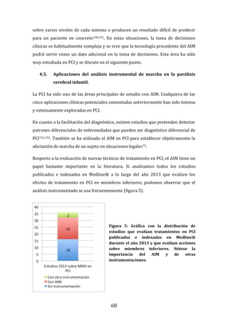 68
sobre varios niveles de cada sistema o producen un resultado difícil de predecir
para un paciente en concreto150,151. En estas situaciones, la toma de decisiones
clínicas es habitualmente compleja y se cree que la tecnología procedente del AIM
podrá servir como un dato adicional en la toma de decisiones. Esta área ha sido
muy estudiada en PCI y se discute en el siguiente punto.
4.5. Aplicaciones del análisis instrumental de marcha en la parálisis
cerebral infantil.
La PCI ha sido uno de las áreas principales de estudio con AIM. Cualquiera de las
cinco aplicaciones clínicas potenciales comentadas anteriormente han sido intensa
y extensamente exploradas en PCI.
En cuanto a la facilitación del diagnóstico, existen estudios que pretenden detectar
patrones diferenciales de enfermedades que pueden ser diagnóstico diferencial de
PCI152,153. También se ha utilizado el AIM en PCI para establecer objetivamente la
afectación de marcha de un sujeto en situaciones legales79.
Respecto a la evaluación de nuevas técnicas de tratamiento en PCI, el AIM tiene un
papel bastante importante en la literatura. Si analizamos todos los estudios
publicados e indexados en Medline® a lo largo del año 2013 que evalúen los
efectos de tratamiento en PCI en miembros inferiores, podemos observar que el
análisis instrumentado se usa frecuentemente (figura 5).
Figura 5: Gráfica con la distribución de
estudios que evalúan tratamientos en PCI
publicados e indexados en Medline®
durante el año 2013 y que evalúan acciones
sobre miembros inferiores. Nótese la
importancia del AIM y de otras
instrumentaciones.
 