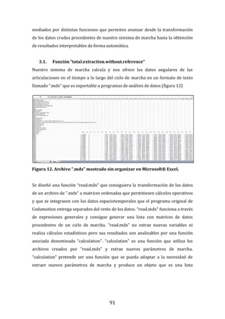 91
mediados por distintas funciones que permiten avanzar desde la transformación
de los datos crudos procedentes de nuestro sistema de marcha hasta la obtención
de resultados interpretables de forma automática.
3.1. Función “total.extraction.without.reference”
Nuestro sistema de marcha calcula y nos ofrece los datos angulares de las
articulaciones en el tiempo a lo largo del ciclo de marcha en un formato de texto
llamado “.mdx” que es exportable a programas de análisis de datos (figura 12)
Figura 12. Archivo “.mdx” mostrado sin organizar en Microsoft® Excel.
Se diseñó una función “read.mdx” que consiguiera la transformación de los datos
de un archivo de “.mdx” a matrices ordenadas que permitiesen cálculos operativos
y que se integrasen con los datos espaciotemporales que el programa original de
Codamotion entrega separados del resto de los datos. “read.mdx” funciona a través
de expresiones generales y consigue generar una lista con matrices de datos
procedentes de un ciclo de marcha. “read.mdx” no extrae nuevas variables ni
realiza cálculos estadísticos pero sus resultados son analizables por una función
asociada denominada “calculation”. “calculation” es una función que utiliza los
archivos creados por “read.mdx” y extrae nuevos parámetros de marcha.
“calculation” pretende ser una función que se pueda adaptar a la necesidad de
extraer nuevos parámetros de marcha y produce un objeto que es una lista
 
