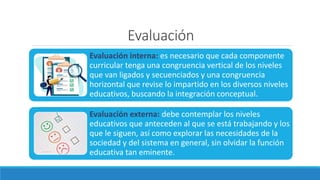 Evaluación
Evaluación interna: es necesario que cada componente
curricular tenga una congruencia vertical de los niveles
que van ligados y secuenciados y una congruencia
horizontal que revise lo impartido en los diversos niveles
educativos, buscando la integración conceptual.
Evaluación externa: debe contemplar los niveles
educativos que anteceden al que se está trabajando y los
que le siguen, así como explorar las necesidades de la
sociedad y del sistema en general, sin olvidar la función
educativa tan eminente.
 