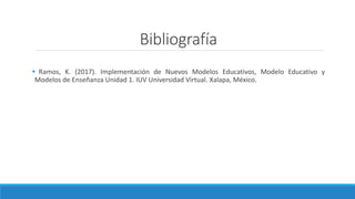 Bibliografía
 Ramos, K. (2017). Implementación de Nuevos Modelos Educativos, Modelo Educativo y
Modelos de Enseñanza Unidad 1. IUV Universidad Virtual. Xalapa, México.
 