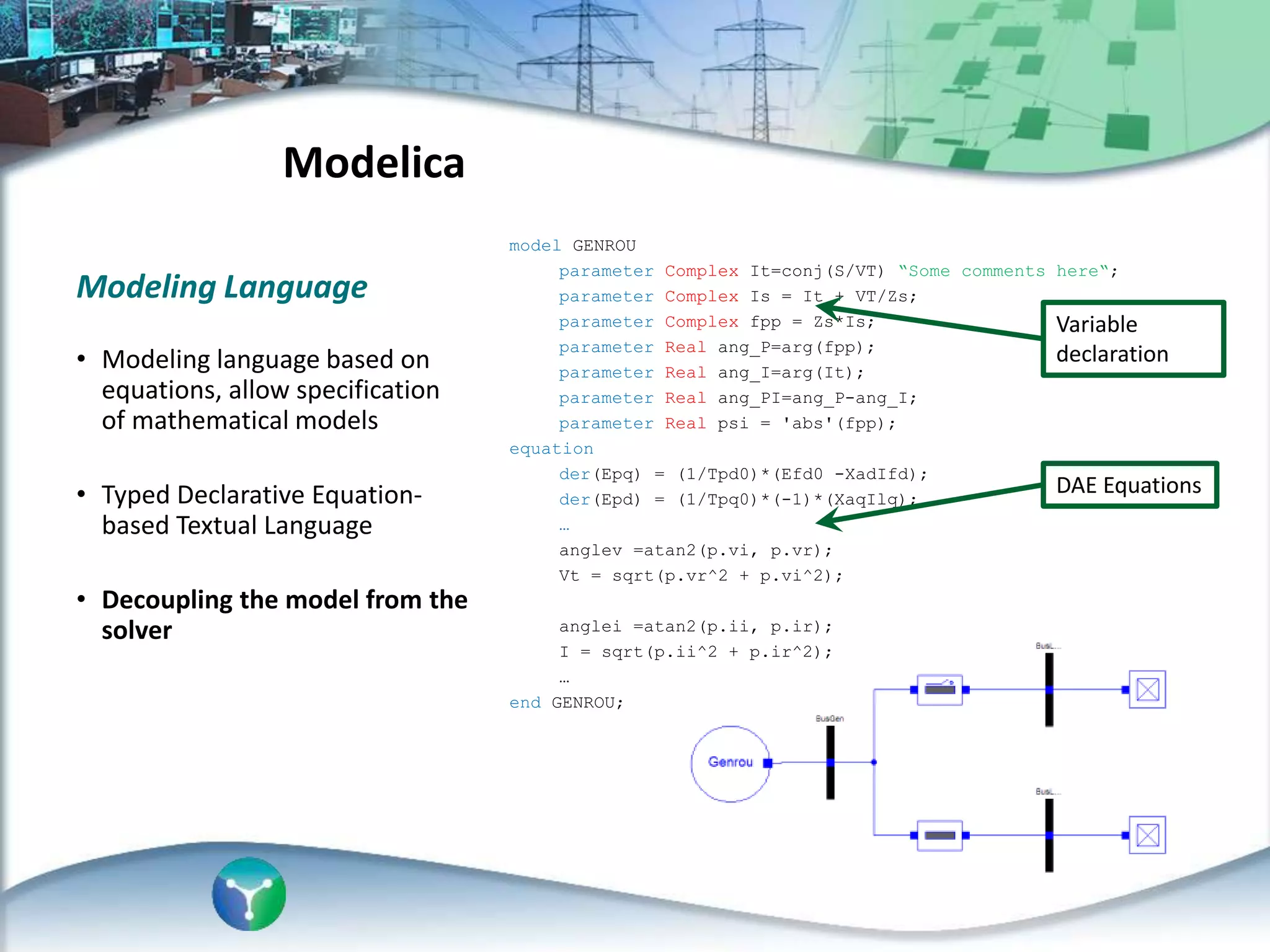 Modeling Language
• Modeling language based on
equations, allow specification
of mathematical models
• Typed Declarative Equation-
based Textual Language
• Decoupling the model from the
solver
model GENROU
parameter Complex It=conj(S/VT) “Some comments here“;
parameter Complex Is = It + VT/Zs;
parameter Complex fpp = Zs*Is;
parameter Real ang_P=arg(fpp);
parameter Real ang_I=arg(It);
parameter Real ang_PI=ang_P-ang_I;
parameter Real psi = 'abs'(fpp);
equation
der(Epq) = (1/Tpd0)*(Efd0 -XadIfd);
der(Epd) = (1/Tpq0)*(-1)*(XaqIlq);
…
anglev =atan2(p.vi, p.vr);
Vt = sqrt(p.vr^2 + p.vi^2);
anglei =atan2(p.ii, p.ir);
I = sqrt(p.ii^2 + p.ir^2);
…
end GENROU;
Variable
declaration
DAE Equations
Modelica
 