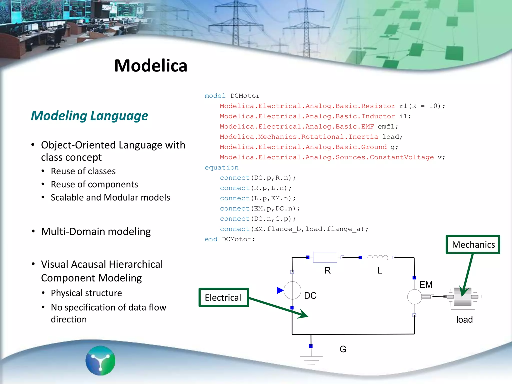 Modeling Language
• Object-Oriented Language with
class concept
• Reuse of classes
• Reuse of components
• Scalable and Modular models
• Multi-Domain modeling
• Visual Acausal Hierarchical
Component Modeling
• Physical structure
• No specification of data flow
direction load
EM
DC
G
R L
Electrical
Mechanics
model DCMotor
Modelica.Electrical.Analog.Basic.Resistor r1(R = 10);
Modelica.Electrical.Analog.Basic.Inductor i1;
Modelica.Electrical.Analog.Basic.EMF emf1;
Modelica.Mechanics.Rotational.Inertia load;
Modelica.Electrical.Analog.Basic.Ground g;
Modelica.Electrical.Analog.Sources.ConstantVoltage v;
equation
connect(DC.p,R.n);
connect(R.p,L.n);
connect(L.p,EM.n);
connect(EM.p,DC.n);
connect(DC.n,G.p);
connect(EM.flange_b,load.flange_a);
end DCMotor;
Modelica
 
