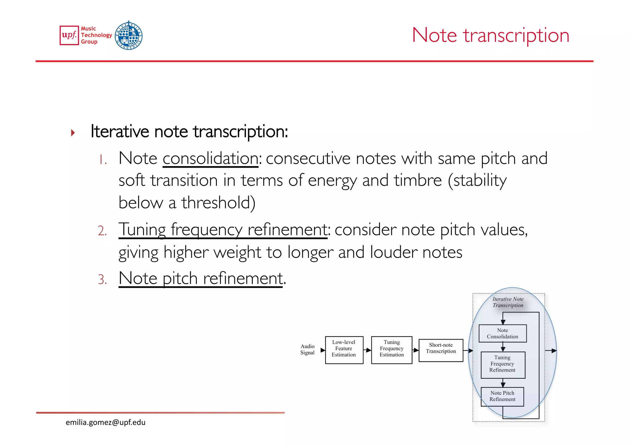 Note transcription	




 ‣     Iterative note transcription:	

         1.  Note consolidation: consecutive notes with same pitch and
             soft transition in terms of energy and timbre (stability
             below a threshold)	

         2.  Tuning frequency reﬁnement: consider note pitch values,
             giving higher weight to longer and louder notes	

         3.  Note pitch reﬁnement.	





emilia.gomez@upf.edu	
  
 