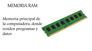 MEMORIA RAM
Memoria principal de
la computadora, donde
residen programas y
datos
 
