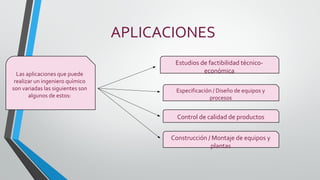 APLICACIONES
Las aplicaciones que puede
realizar un ingeniero químico
son variadas las siguientes son
algunos de estos:
Estudios de factibilidad técnico-
económica
Especificación / Diseño de equipos y
procesos
Control de calidad de productos
Construcción / Montaje de equipos y
plantas
 