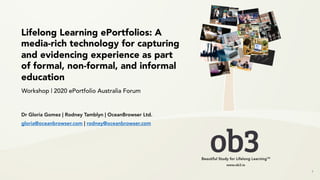 Lifelong Learning ePortfolios: A
media-rich technology for capturing
and evidencing experience as part
of formal, non-formal, and informal
education
1
Workshop | 2020 ePortfolio Australia Forum
Dr Gloria Gomez | Rodney Tamblyn | OceanBrowser Ltd.
gloria@oceanbrowser.com | rodney@oceanbrowser.com
 