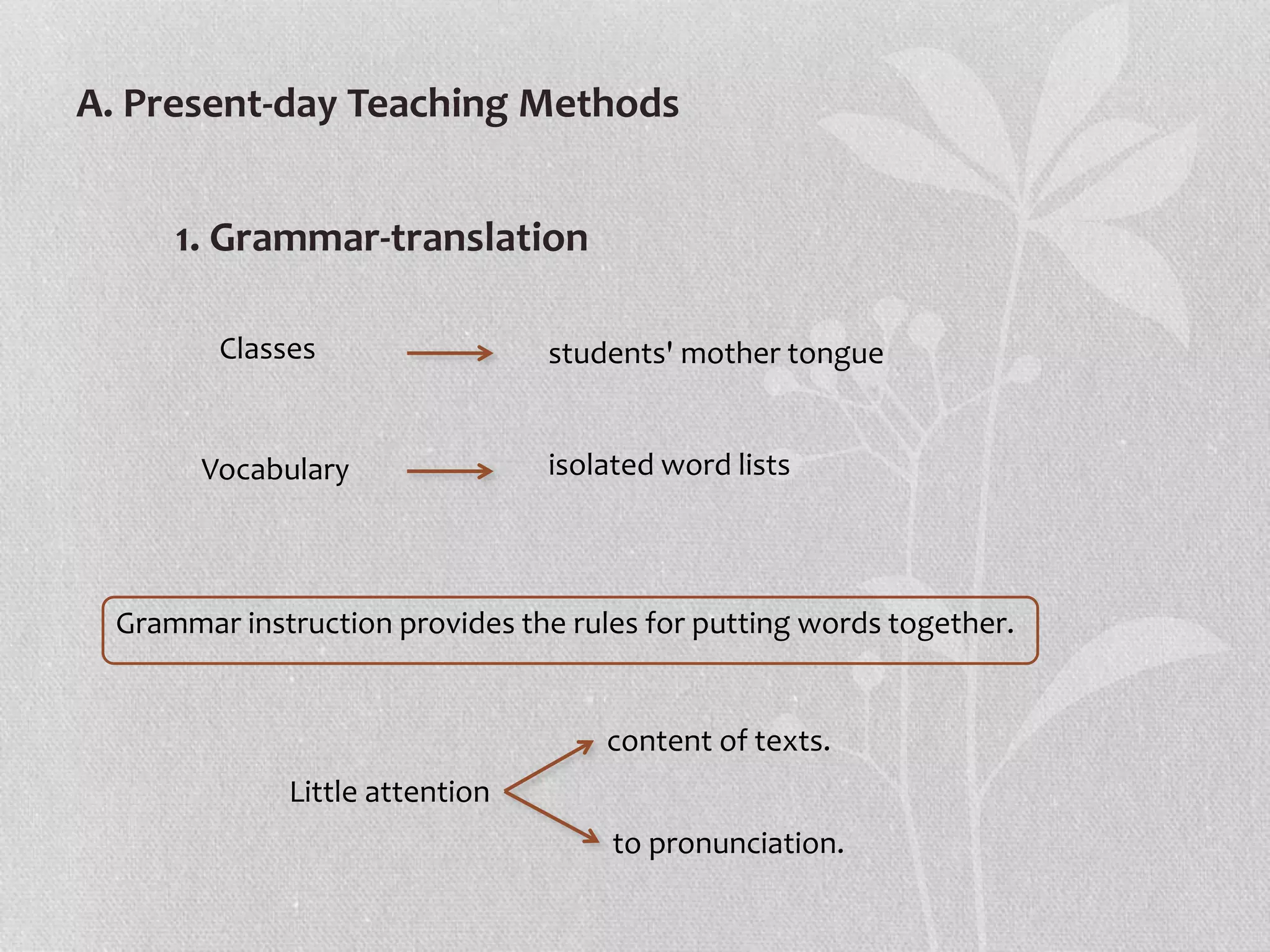 A. Present-day Teaching Methods
1. Grammar-translation
Classes students' mother tongue
Vocabulary isolated word lists
Grammar instruction provides the rules for putting words together.
Little attention
content of texts.
to pronunciation.
 