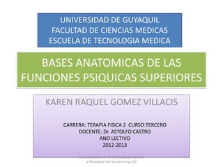 UNIVERSIDAD DE GUYAQUIL
     FACULTAD DE CIENCIAS MEDICAS
    ESCUELA DE TECNOLOGIA MEDICA

   BASES ANATOMICAS DE LAS
FUNCIONES PSIQUICAS SUPERIORES
    KAREN RAQUEL GOMEZ VILLACIS

       CARRERA: TERAPIA FISICA 2 CURSO:TERCERO
            DOCENTE: Dr. ASTOLFO CASTRO
                    ANO LECTIVO
                      2012-2013

             Lo Inconsciente en la Vida Psiquica Normal
                  y Patologica Carl Gustav Jung 129
 