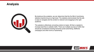 Analysis
By looking at the analytics, we can determine that the Go Mini's franchising
website is performing at a high level. The statistics demonstrate that the site
is easy to navigate and the content is relevant and engaging to the right
audience.
The website is effectively converting visitors to leads. All that is needed to
increase lead ﬂow is website trafﬁc. There are multiple sources of trafﬁc that
should be considered including franchise portal advertising, AdWords
campaigns and other forms of advertising.
 