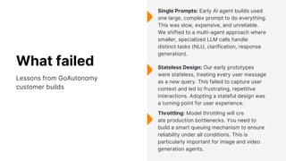 Single Prompts: Early AI agent builds used
one large, complex prompt to do everything.
This was slow, expensive, and unreliable.
We shifted to a multi-agent approach where
smaller, specialized LLM calls handle
distinct tasks (NLU, clarification, response
generation).
Stateless Design: Our early prototypes
were stateless, treating every user message
as a new query. This failed to capture user
context and led to frustrating, repetitive
interactions. Adopting a stateful design was
a turning point for user experience.
Throttling: Model throttling will cre
ate production bottlenecks. You need to
build a smart queuing mechanism to ensure
reliability under all conditions. This is
particularly important for image and video
generation agents.
What failed
Lessons from GoAutonomy
customer builds
 