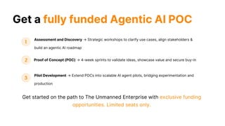 Get a fully funded Agentic AI POC
Assessment and Discovery → Strategic workshops to clarify use cases, align stakeholders &
build an agentic AI roadmap​
Proof of Concept (POC) → 4-week sprints to validate ideas, showcase value and secure buy-in​
Pilot Development → Extend POCs into scalable AI agent pilots, bridging experimentation and
production​
Get started on the path to The Unmanned Enterprise with exclusive funding
opportunities. Limited seats only.
 