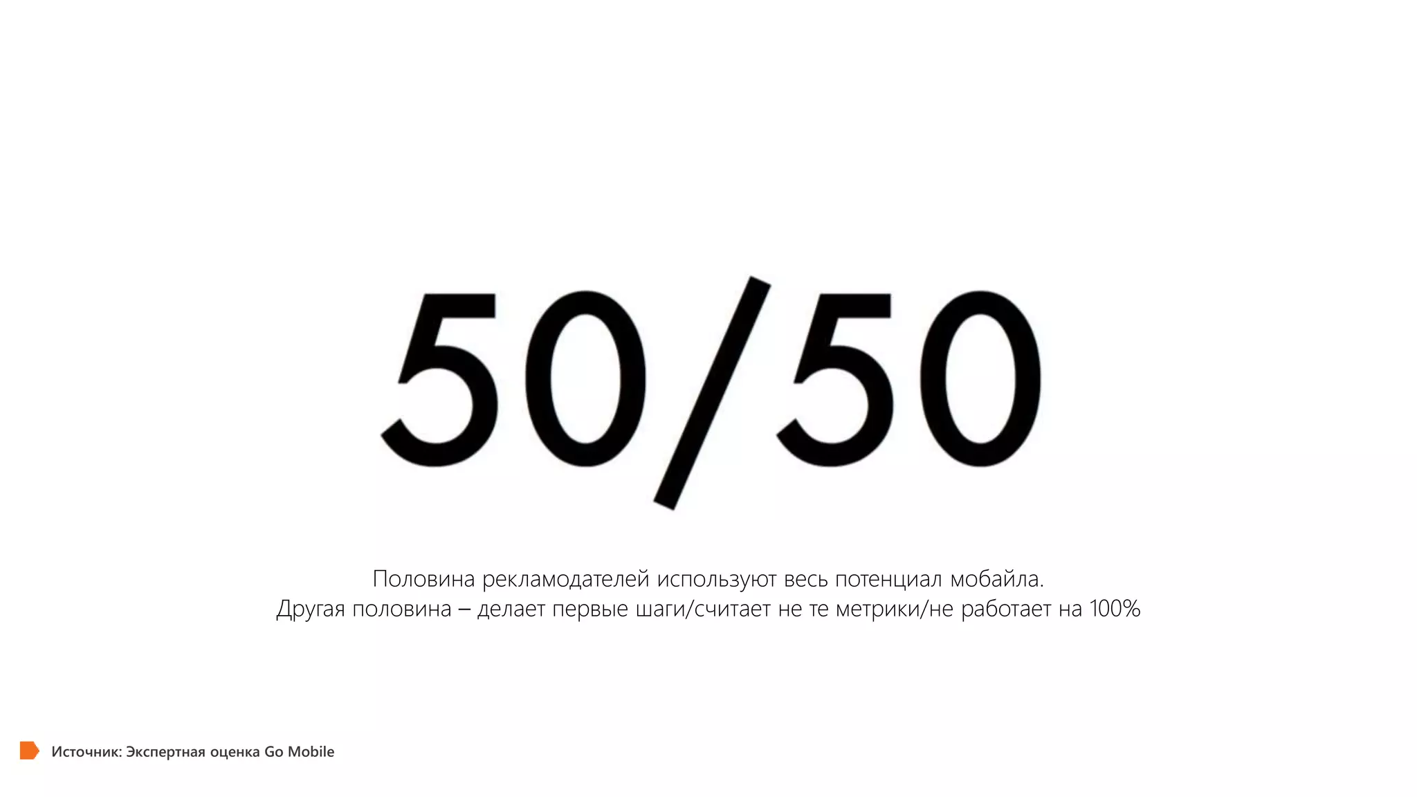 Половина рекламодателей используют весь потенциал мобайла.
Другая половина – делает первые шаги/считает не те метрики/не работает на 100%
Источник: Экспертная оценка Go Mobile
 