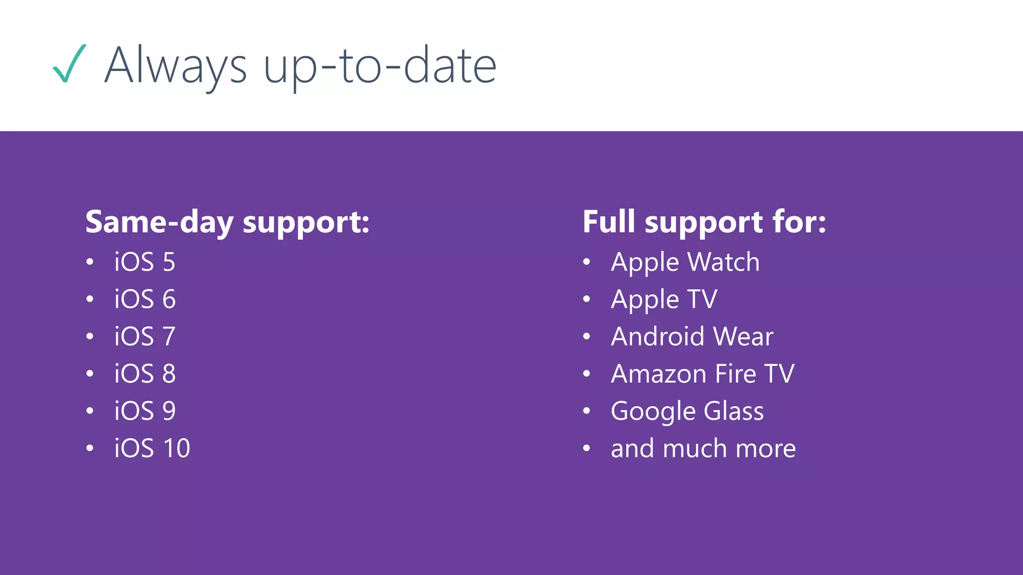 ✓ Always up-to-date Same-day support: • iOS 5 • iOS 6 • iOS 7 • iOS 8 • iOS 9 • iOS 10 Full support for: • Apple Watch • Apple TV • Android Wear • Amazon Fire TV • Google Glass • and much more 