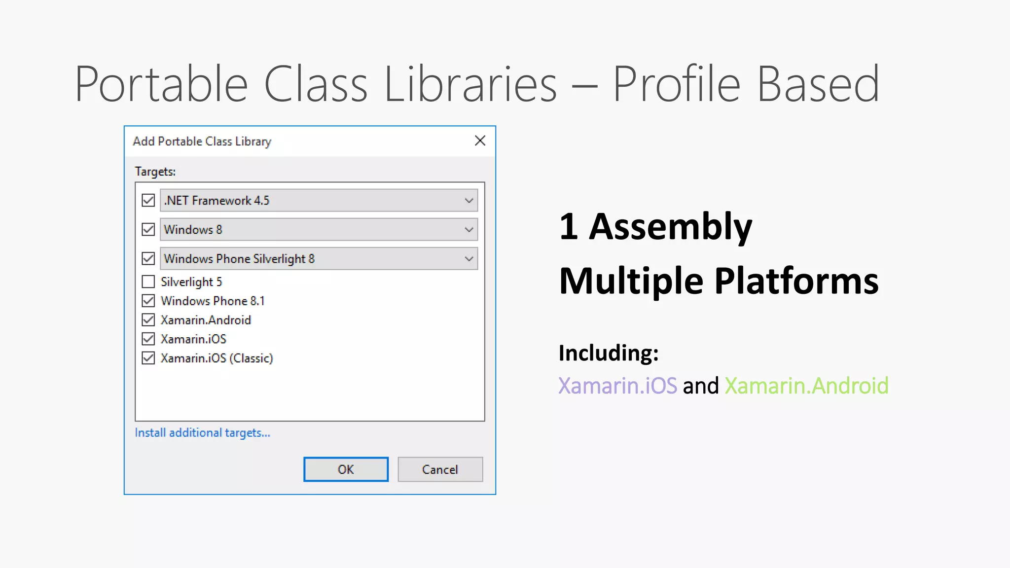 1 Assembly Multiple Platforms Including: Xamarin.iOS and Xamarin.Android Portable Class Libraries – Profile Based 