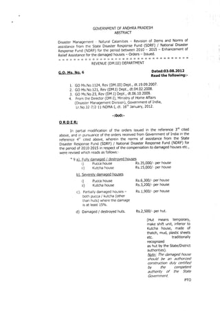 GOVERNMENTOF ANDHRA PRADESH
ABSTRACT
Disaster Management - Natural Calamities - Revision of Items and Norms of
assistance from the State Disaster Response Fund (SDRF) / National Disaster
Response Fund (NDRF) for the period between 2010 - 2015 - Enhancement of
Relief Assistance for the damaged houses - Orders - Issued.
===================================
REVENUE(DM.III) DEPARTMENT
G.O. Ms. No.6 Dated:03.08.2012
Read the following:-
1. GO Ms.No.1124, Rev (DM.III) Dept., dt.19.09.2007.
2. GO Ms.No.121, Rev (DM.!) Dept., dt.04.02.2008.
3. GO Ms.No.23, Rev (DM.!) Dept., dt.06.10.2009.
4. From the Director (DM-I), Ministry of Home Affairs
(Disaster Management Division), Government of India,
Lr.No.32-7/2-11-NDMA-I, dt. 16th January, 2012.
-:000:-
ORO E R:
In partial modification of the orders issued in the reference 3rd cited
above, and in pursuance of the orders received from Government of India in the
reference 4t11cited above, wherein the norms of assistance from the State
Disaster Response Fund (SDRF) / National Disaster Response Fund (NDRF) for
the period of 2010-2015 in respect of the compensation to damaged houses etc.,
were revised which reads as follows:-
" 9 a). Fully damaged! destroyed houses
i) Pucca house Rs.35,000/- per house
ii) Kutcha house Rs.15,000/- per house
b). Severely damaged houses
i) Pucca house
ii) Kutcha house
c). Partially damaged houses -
both pucca / kutcha (other
than huts) where the damage
is at least 15%.
Rs.6,300/- per house
Rs.3,200/- per house
Rs.1,900/- per house
d) Damaged / destroyed huts. Rs.2,500/- per hut.
(Hut means temporary,
make shift unit, inferior to
Kutcha house, made of
thatch, mud, plastic sheets
etc. traditionally
recognized
as hut by the State/District
authorities) .
Note: The damaged house
should be an authorized
construction duly certified
by the competent
authority of the State
Government.
PTO
 