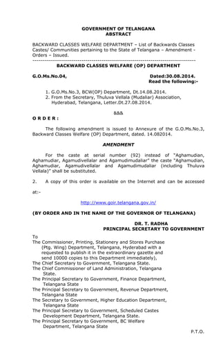GOVERNMENT OF TELANGANA
ABSTRACT
BACKWARD CLASSES WELFARE DEPARTMENT – List of Backwards Classes
Castes/ Communities pertaining to the State of Telangana – Amendment -
Orders – Issued.
-----------------------------------------------------------------------------------
BACKWARD CLASSES WELFARE (OP) DEPARTMENT
G.O.Ms.No.04, Dated:30.08.2014.
Read the following:-
1. G.O.Ms.No.3, BCW(OP) Department, Dt.14.08.2014.
2. From the Secretary, Thuluva Vellala (Mudaliar) Association,
Hyderabad, Telangana, Letter.Dt.27.08.2014.
&&&
O R D E R :
The following amendment is issued to Annexure of the G.O.Ms.No.3,
Backward Classes Welfare (OP) Department, dated. 14.082014.
AMENDMENT
For the caste at serial number (92) instead of “Aghamudian,
Aghamudiar, Agamudivellalar and Agamudimudaliar” the caste “Aghamudian,
Aghamudiar, Agamudivellalar and Agamudimudaliar (including Thuluva
Vellala)” shall be substituted.
2. A copy of this order is available on the Internet and can be accessed
at:-
http://www.goir.telangana.gov.in/
(BY ORDER AND IN THE NAME OF THE GOVERNOR OF TELANGANA)
DR. T. RADHA
PRINCIPAL SECRETARY TO GOVERNMENT
To
The Commissioner, Printing, Stationery and Stores Purchase
(Ptg. Wing) Department, Telangana, Hyderabad with a
requested to publish it in the extraordinary gazette and
send 10000 copies to this Department immediately),
The Chief Secretary to Government, Telangana State.
The Chief Commissioner of Land Administration, Telangana
State.
The Principal Secretary to Government, Finance Department,
Telangana State
The Principal Secretary to Government, Revenue Department,
Telangana State
The Secretary to Government, Higher Education Department,
Telangana State
The Principal Secretary to Government, Scheduled Castes
Development Department, Telangana State.
The Principal Secretary to Government, BC Welfare
Department, Telangana State
P.T.O.
 