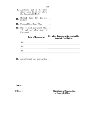 33
9. Applicable Cell in the Level
either equal to or just above
the Amount at S,No.8.
:
10.
Revised Basic Pay (as per
Sl.No.9)
:
11. Personal Pay, if any [Rule ] :
12. Date of next increment [Rule
10] and pay after grant of
increment
:
Date of Increment
Pay after Increment in applicable
Level of Pay Matrix
(1)
(2)
(3)
13. Any other relevant information :
Date :
Office : Signature & Designation
of Head of Office.
 