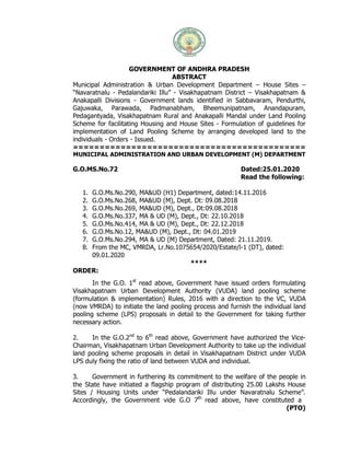 GOVERNMENT OF ANDHRA PRADESH
ABSTRACT
Municipal Administration & Urban Development Department – House Sites –
“Navaratnalu - Pedalandariki Illu” - Visakhapatnam District – Visakhapatnam &
Anakapalli Divisions - Government lands identified in Sabbavaram, Pendurthi,
Gajuwaka, Parawada, Padmanabham, Bheemunipatnam, Anandapuram,
Pedagantyada, Visakhapatnam Rural and Anakapalli Mandal under Land Pooling
Scheme for facilitating Housing and House Sites - Formulation of guidelines for
implementation of Land Pooling Scheme by arranging developed land to the
individuals - Orders - Issued.
============================================
MUNICIPAL ADMINISTRATION AND URBAN DEVELOPMENT (M) DEPARTMENT
G.O.MS.No.72 Dated:25.01.2020
Read the following:
1. G.O.Ms.No.290, MA&UD (H1) Department, dated:14.11.2016
2. G.O.Ms.No.268, MA&UD (M), Dept. Dt: 09.08.2018
3. G.O.Ms.No.269, MA&UD (M), Dept., Dt:09.08.2018
4. G.O.Ms.No.337, MA & UD (M), Dept., Dt: 22.10.2018
5. G.O.Ms.No.414, MA & UD (M), Dept., Dt: 22.12.2018
6. G.O.Ms.No.12, MA&UD (M), Dept., Dt: 04.01.2019
7. G.O.Ms.No.294, MA & UD (M) Department, Dated: 21.11.2019.
8. From the MC, VMRDA, Lr.No.1075654/2020/Estate/l-1 (DT), dated:
09.01.2020
****
ORDER:
In the G.O. 1st
read above, Government have issued orders formulating
Visakhapatnam Urban Development Authority (VUDA) land pooling scheme
(formulation & implementation) Rules, 2016 with a direction to the VC, VUDA
(now VMRDA) to initiate the land pooling process and furnish the individual land
pooling scheme (LPS) proposals in detail to the Government for taking further
necessary action.
2. In the G.O.2nd
to 6th
read above, Government have authorized the Vice-
Chairman, Visakhapatnam Urban Development Authority to take up the individual
land pooling scheme proposals in detail in Visakhapatnam District under VUDA
LPS duly fixing the ratio of land between VUDA and individual.
3. Government in furthering its commitment to the welfare of the people in
the State have initiated a flagship program of distributing 25.00 Lakshs House
Sites / Housing Units under “Pedalandariki Illu under Navaratnalu Scheme”.
Accordingly, the Government vide G.O 7th
read above, have constituted a
(PTO)
 