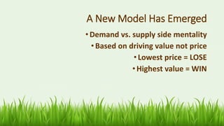 27
A New Model Has Emerged
•Demand vs. supply side mentality
•Based on driving value not price
•Lowest price = LOSE
•Highest value = WIN
 