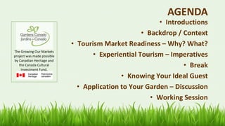 AGENDA
• Introductions
• Backdrop / Context
• Tourism Market Readiness – Why? What?
• Experiential Tourism – Imperatives
• Break
• Knowing Your Ideal Guest
• Application to Your Garden – Discussion
• Working Session
The Growing Our Markets
project was made possible
by Canadian Heritage and
the Canada Cultural
Investment Fund.
 