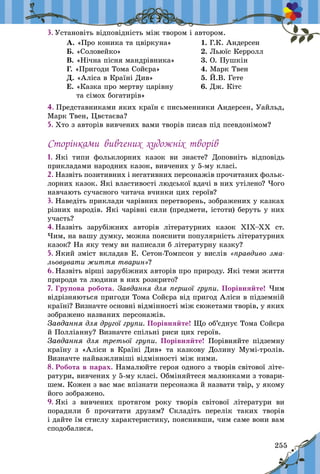 255
3.	Установіть відповідність між твором і автором.
А. «Про коника та цвіркуна»
Б. «Соловейко»
В. «Нічна пісня мандрівника»
Г. «Пригоди Тома Сойєра»
Д. «Аліса в Країні Див»
Е. «Казка про мертву царівну
та сімох богатирів»
1. Г.К. Андерсен
2. Льюїс Керролл
3. О. Пушкін
4. Марк Твен
5. Й.В. Гете
6. Дж. Кітс
4. Представниками яких країн є письменники Андерсен, Уайльд,
Марк Твен, Цвєтаєва?
5. Хто з авторів вивчених вами творів писав під псевдонімом?
Сторінками вивчених художніх творів
1.	Які типи фольклорних казок ви знаєте? Доповніть відповідь
прикладами народних казок, вивчених у 5‑му класі.
2.	Назвіть позитивних і негативних персонажів прочитаних фольк­
лорних казок. Які властивості людської вдачі в них утілено? Чого
навчають сучасного читача вчинки цих героїв?
3.	Наведіть приклади чарівних перетворень, зображених у казках
різних народів. Які чарівні сили (предмети, істоти) беруть у них
участь?
4.	Назвіть зарубіжних авторів літературних казок ХІХ–ХХ  ст.
Чим, на вашу думку, можна пояснити популярність літературних
казок? На яку тему ви написали б літера­турну казку?
5.	Який зміст вкладав Е. Сетон-Томпсон у вислів «правдиво зма-
льовувати життя тварин»?
6.	Назвіть вірші зарубіжних авторів про природу. Які теми життя
природи та людини в них розкрито?
7.	Групова робота. Завдання для першої групи. Порівняйте! Чим
відрізняються пригоди Тома Сойєра від пригод Аліси в підземній
країні? Визначте основні відмінності між сюжетами творів, у яких
зображено названих персонажів.
Завдання для другої групи. Порівняйте! Що об’єднує Тома Сойєра
й Полліанну? Визначте спільні риси цих героїв.
Завдання для третьої групи. Порівняйте! Порівняйте підземну
країну з «Аліси в Країні Див» та казкову Долину Мумі-тролів.
Визначте найважливіші відмінності між ними.
8.	Робота в парах. Намалюйте героя одного з творів світової літе­
ратури, вивчених у 5‑му класі. Обміняйтеся малюнками з товари-
шем. Кожен з вас має впізнати персонажа й назвати твір, у якому
його зображено.
9.	Які з  вивчених протягом року творів світової літератури ви
порадили б  прочитати друзям? Складіть перелік таких творів
і дайте їм стислу характеристику, пояснивши, чим саме вони вам
сподобалися.
 