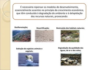 É necessário repensar os modelos de desenvolvimento, essencialmente assentes no princípio do crescimento económico, que têm conduzido à degradação do ambiente e à delapidação dos recursos naturais, provocando: Desflorestação; Desertificação; Destruição dos habitats naturais; Extinção de espécies animais e vegetais; Degradação da qualidade das águas, do ar e dos solos; 