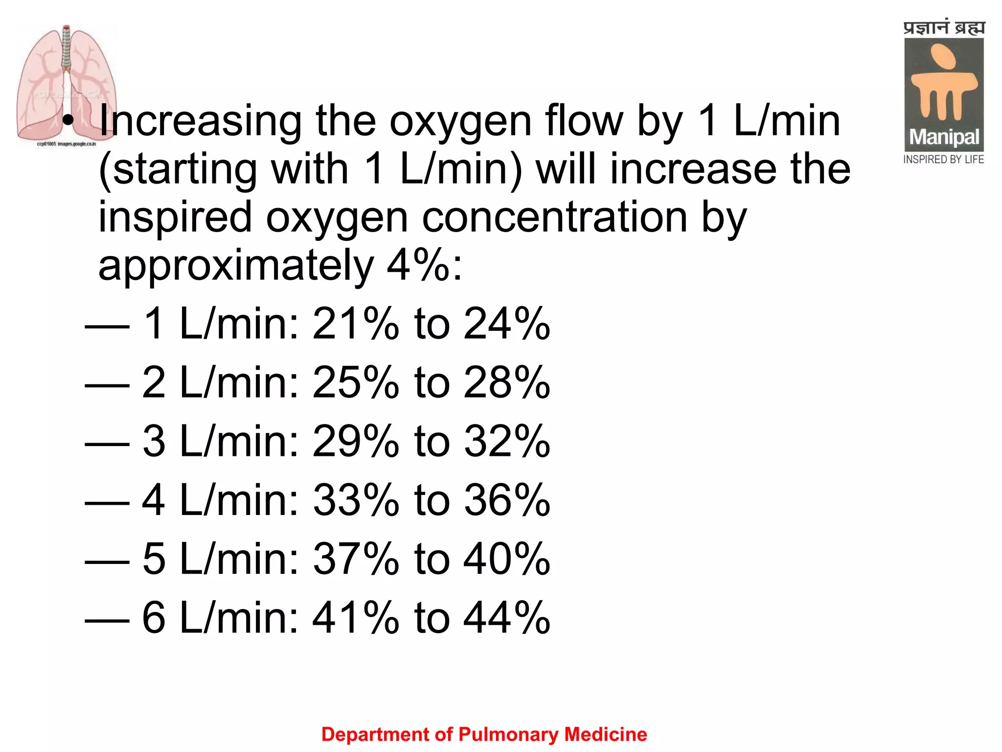 Department of Pulmonary Medicine
• Increasing the oxygen flow by 1 L/min
(starting with 1 L/min) will increase the
inspired oxygen concentration by
approximately 4%:
— 1 L/min: 21% to 24%
— 2 L/min: 25% to 28%
— 3 L/min: 29% to 32%
— 4 L/min: 33% to 36%
— 5 L/min: 37% to 40%
— 6 L/min: 41% to 44%
 