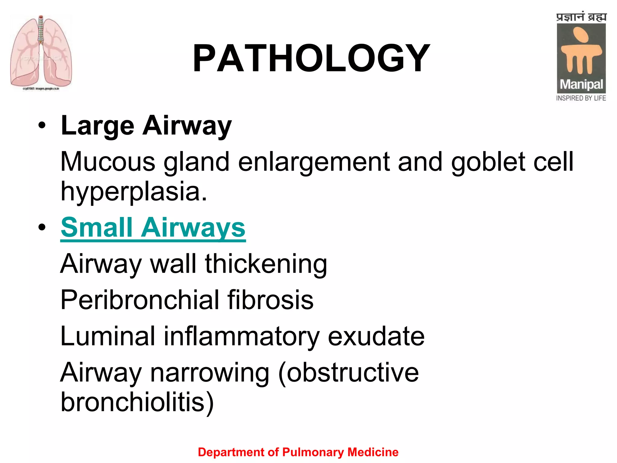 Department of Pulmonary Medicine
PATHOLOGY
• Large Airway
Mucous gland enlargement and goblet cell
hyperplasia.
• Small Airways
Airway wall thickening
Peribronchial fibrosis
Luminal inflammatory exudate
Airway narrowing (obstructive
bronchiolitis)
 