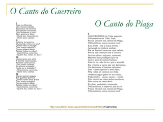 O Canto do Guerreiro    I Aqui na floresta Dos ventos batida, Façanhas de bravos Não geram escravos, Que estimem a vida Sem guerra e lidar. - Ouvi-me, Guerreiros. - Ouvi meu cantar.  II Valente na guerra Quem há, como eu sou? Quem vibra o tacape Com mais valentia? Quem golpes daria Fatais, como eu dou? - Guerreiros, ouvi-me; - Quem há, como eu sou?  III Quem guia nos ares A frecha imprumada, Ferindo uma presa, Com tanta certeza, Na altura arrojada Onde eu a mandar? - Guerreiros, ouvi-me, - Ouvi meu cantar.  IV Quem tantos imigos Em guerras preou? Quem canta seus feitos Com mais energia? Quem golpes daria Fatais, como eu dou? - Guerreiros, ouvi-me: - Quem há, como eu sou?  O Canto do Piaga    I Ó GUERREIROS da Taba sagrada, Ó Guerreiros da Tribu Tupi, Falam Deuses nos cantos do Piaga, Ó Guerreiros, meus cantos ouvi.  Esta noite - era a lua já morta - Anhangá me vedava sonhar; Eis na horrível caverna, que habito, Rouca voz começou-me a chamar.  Abro os olhos, inquieto, medroso, Manitôs! que prodígios que vil Arde o pau de resina fumosa, Não fui eu, não fui eu, que o acendi!  Eis rebenta a meus pés um fantasma, Um fantasma d'imensa extensão; Liso crânio repousa a meu lado, Feia cobra se enrosca no chão.  O meu sangue gelou-se nas veias, Todo inteiro - ossos, carnes - tremi, Frio horror me coou pelos membros, Frio vento no rosto senti.  Era feio, medonho, tremendo, Ó Guerreiros, o espectro que eu vi. Falam Deuses nos cantos do Piaga, Ó Guerreiros, meus cantos ouvi!  http://www.bibvirt.futuro.usp.br/content/view/full/1820  (Fragmentos) 