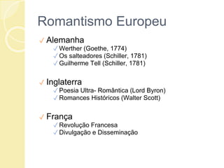 Romantismo Europeu
✓ Alemanha
✓ Werther (Goethe, 1774)
✓ Os salteadores (Schiller, 1781)
✓ Guilherme Tell (Schiller, 1781)
✓ Inglaterra
✓ Poesia Ultra- Romântica (Lord Byron)
✓ Romances Históricos (Walter Scott)
✓ França
✓ Revolução Francesa
✓ Divulgação e Disseminação
 