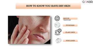 HOW TO KNOW YOU HAVE DRY SKIN
ROUGH
TEXTURE
ITCHINESS
FLAKY SKIN
FINE LINES
 