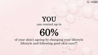YOU
can control up to
60%
of your skin’s ageing by changing your lifestyle
lifestyle and following good skin care!!!
 