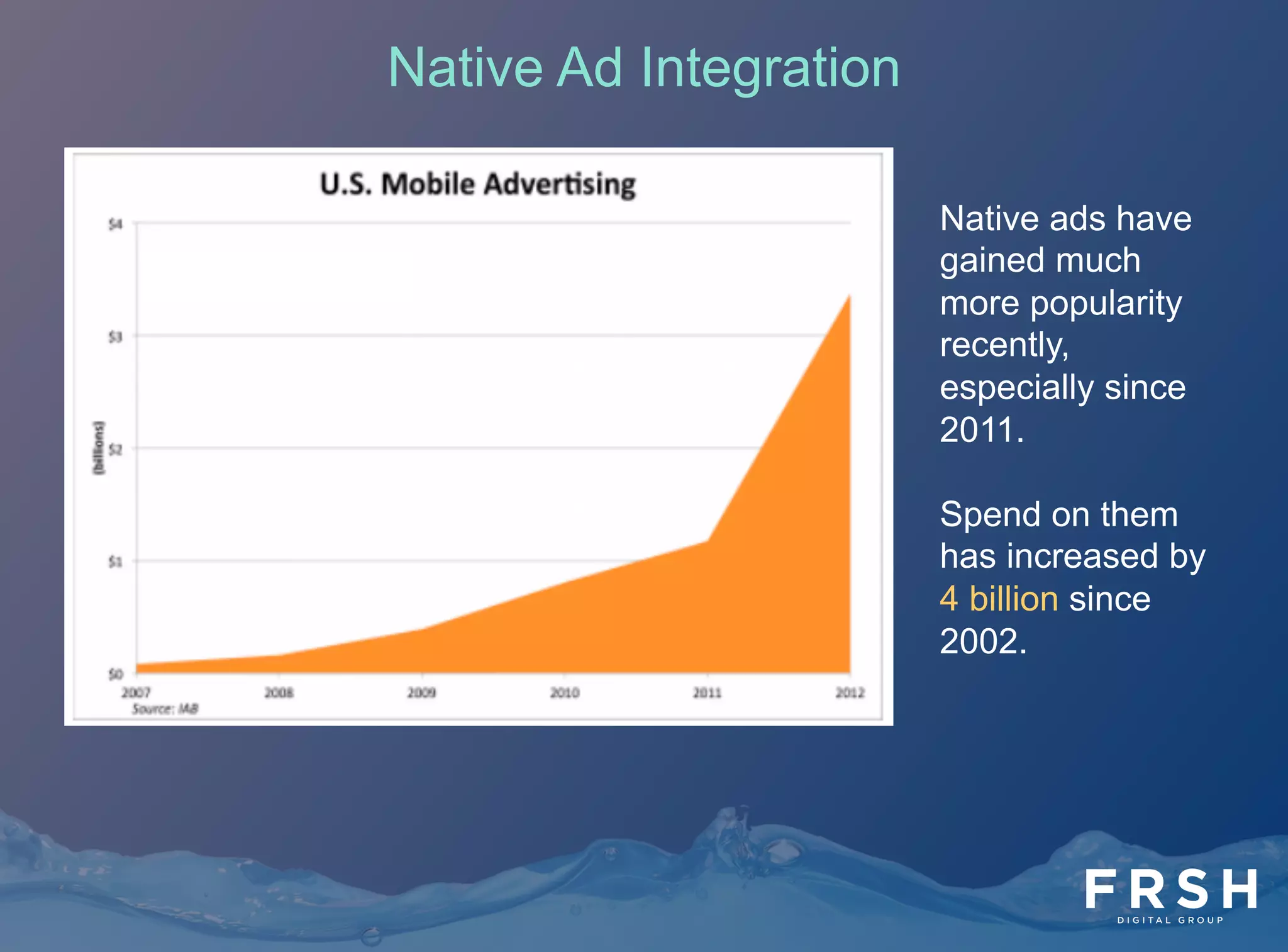 11	
  
Native ads have
gained much
more popularity
recently,
especially since
2011.
Spend on them
has increased by
4 billion since
2002.
Native Ad Integration
 