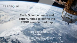 Earth Science needs and
opportunities to define the
EOSC service roadmap
The 2nd EOSC Stakeholders Forum,
Vienna, November 22nd, 2018
Pedro Gonçalves
Terradue
 