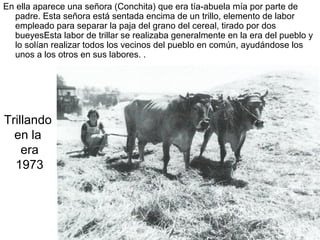 En ella aparece una señora (Conchita) que era tía-abuela mía por parte de
padre. Esta señora está sentada encima de un trillo, elemento de labor
empleado para separar la paja del grano del cereal, tirado por dos
bueyesEsta labor de trillar se realizaba generalmente en la era del pueblo y
lo solían realizar todos los vecinos del pueblo en común, ayudándose los
unos a los otros en sus labores. .

Trillando
en la
era
1973

 