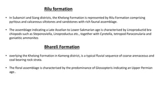 Rilu formation
• In Subansiri and Siang districts, the Khelong Formation is represented by Rilu Formation comprising
pyritous and calcareous siltstones and sandstones with rich faunal assemblage.
• The assemblage indicating a Late Asselian to Lower Sakmarian age is characterised by Linoproductid bra
chiopods such as Steponoviella, Linoproductus etc., together with Cyretella, tetropod Paraconularia and
goniatitic ammonites
Bhareli Formation
• overlying the Khelong Formation in Kameng district, is a typical fluvial sequence of coarse arenaceous and
coal bearing rock strata.
• The floral assemblage is characterised by the predominance of Glossopteris indicating an Upper Permian
age..
 
