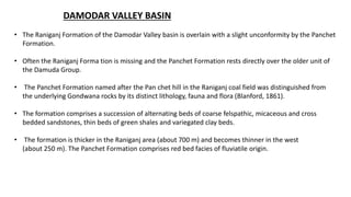 DAMODAR VALLEY BASIN
• The Raniganj Formation of the Damodar Valley basin is overlain with a slight unconformity by the Panchet
Formation.
• Often the Raniganj Forma tion is missing and the Panchet Formation rests directly over the older unit of
the Damuda Group.
• The Panchet Formation named after the Pan chet hill in the Raniganj coal field was distinguished from
the underlying Gondwana rocks by its distinct lithology, fauna and flora (Blanford, 1861).
• The formation comprises a succession of alternating beds of coarse felspathic, micaceous and cross
bedded sandstones, thin beds of green shales and variegated clay beds.
• The formation is thicker in the Raniganj area (about 700 m) and becomes thinner in the west
(about 250 m). The Panchet Formation comprises red bed facies of fluviatile origin.
 