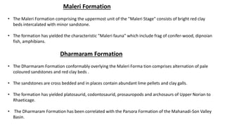 Maleri Formation
• The Maleri Formation comprising the uppermost unit of the "Maleri Stage" consists of bright red clay
beds intercalated with minor sandstone.
• The formation has yielded the characteristic "Maleri fauna" which include frag of conifer-wood, dipnoian
fish, amphibians.
Dharmaram Formation
• The Dharmaram Formation conformably overlying the Maleri Forma tion comprises alternation of pale
coloured sandstones and red clay beds .
• The sandstones are cross bedded and in places contain abundant lime pellets and clay galls.
• The formation has yielded platosaurid, codontosaurid, prosauropods and archosaurs of Upper Norian to
Rhaeticage.
• The Dharmaram Formation has been correlated with the Parsora Formation of the Mahanadi-Son Valley
Basin.
 