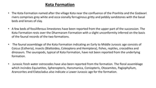 Kota Formation
• The Kota Formation named after the village Kota near the confluence of the Pranhita and the Godavari
rivers comprises grey white and occa sionally ferruginous gritty and pebbly sandstones with the basal
beds and lenses of clay.
• A few beds of fossiliferous limestones have been reported from the upper part of the succession. The
Kota Formation rests over the Dharmaram Formation with a slight unconformity inferred on the basis
of the faunal records of the two formations.
• The faunal assemblage of the Kota Formation indicating an Early to Middle Jurassic age consists of
Coicus (Estheria), insects (Blattoidea, Coleoptera and Hemiptera), fishes, reptiles, crocodilea and
dinosaurs. The sauropods, typical of Kota Formation, have not been reported from the underlying
formation.
• Jurassic fresh water ostrocodes have also been reported from the formation. The floral assemblage
which incindes Equisetites, Sphenopteris, Hansmanica, Coniopteris, Otozamites, Pagiophyllum,
Arancorites and Elatocladus also indicate a Lower Jurassic age for the formation.
 