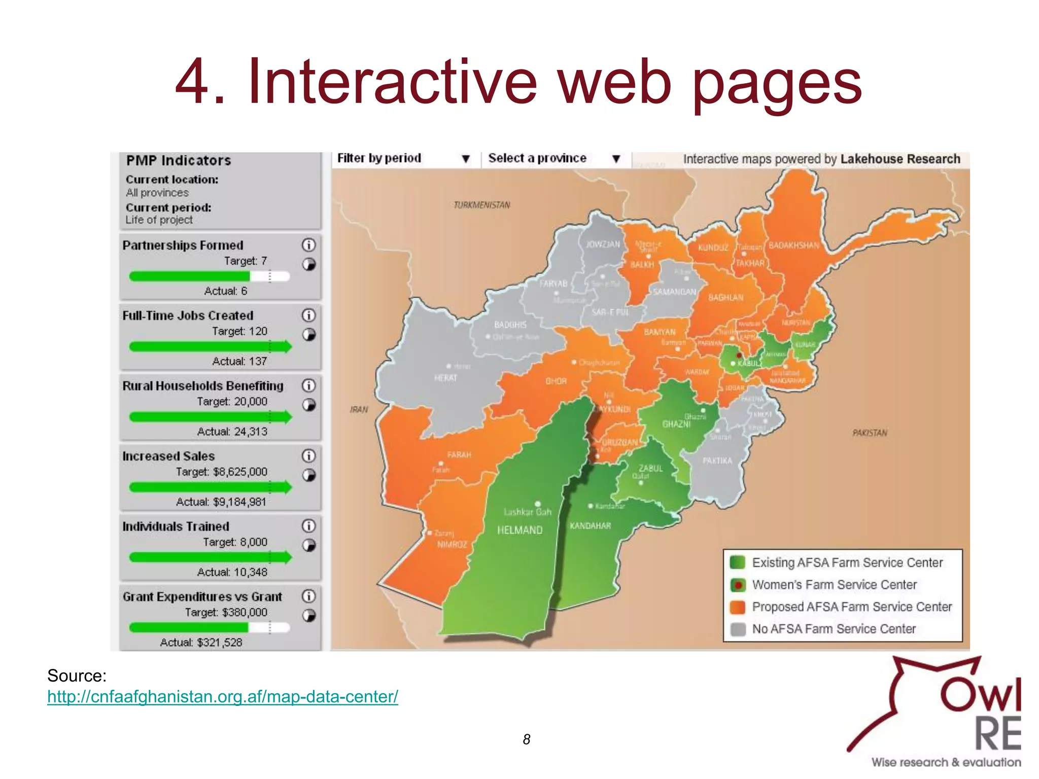 4. Interactive web pages




Source:
http://cnfaafghanistan.org.af/map-data-center/

                                                 8
 
