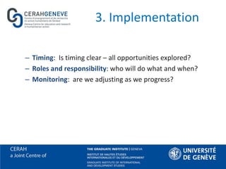 3. Implementation
– Timing: Is timing clear – all opportunities explored?
– Roles and responsibility: who will do what and when?
– Monitoring: are we adjusting as we progress?
 