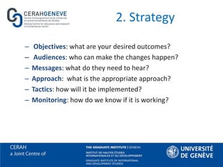 2. Strategy
– Objectives: what are your desired outcomes?
– Audiences: who can make the changes happen?
– Messages: what d...