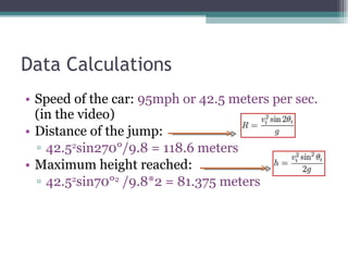 Data  Calculations <ul><li>Speed of the car:  95mph or 42.5 meters per sec.  (in the video) </li></ul><ul><li>Distance of ...