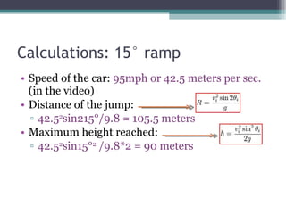 Calculations: 15° ramp <ul><li>Speed of the car:  95mph or 42.5 meters per sec.  (in the video) </li></ul><ul><li>Distance...