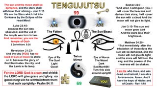 Ezekiel 32:7-
“And when I extinguish you, I
will cover the heavens and
darken their stars; I will cover
the sun with a cloud And the
moon will not give its light.
Joel 3:15- The sun and
moon grow dark
And the stars lose their
brightness.
Matthew 24:29-
“But immediately after the
tribulation of those days the
sun will be darkened, and the
moon will not give its light,
and the stars will fall from the
sky, and the powers of the
heavens will be shaken.
Twins
Mirror
Eye of Ra
The Sun!
Light
Good!
Eye of Horus
The Moon!
Dark
Bad/Man666!
Turn this side
around upright!
For the LORD God is a sun and shield:
the LORD will give grace and glory: no
good thing will he withhold from them
that walk uprightly.- Psalm 84:11
Revelation 21:23-
And the city (YOU) has no
need of sun or moon to shine
on it, because the glory of
God illuminates the city, and
the Lamb is its lamp.
The sun and the moon shall be
darkened, and the stars shall
withdraw their shining.- Joel 3:15
We are the Stars which fall into
Darkness by the Eclipse of the
Heart/Mind!
The Father The Son/Beast
69
9 6
99
That
I am He who lives, and was
dead, and behold, I am alive
forevermore. Amen. And I
have the keys of Hades and
of Death.- Rev 1:18
Luke 23:45-
because the sun was
obscured; and the veil of
the temple was torn in two.
And remember, you are the
temple of God-
1 Corinthians 3:16
YOU!
 