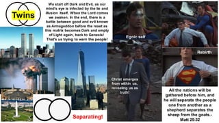 Twins
Separating!
All the nations will be
gathered before him, and
he will separate the people
one from another as a
shepherd separates the
sheep from the goats.-
Matt 25:32
We start off Dark and Evil, as our
mind's eye is infected by the lie and
illusion itself. When the Lord comes
we awaken. In the end, there is a
battle between good and evil known
as Armageddon before the reset as
this matrix becomes Dark and empty
of Light again, back to Genesis!
That's us trying to warn the people!
Egoic self
Christ emerges
from within us,
revealing us as
truth!
Rebirth
 